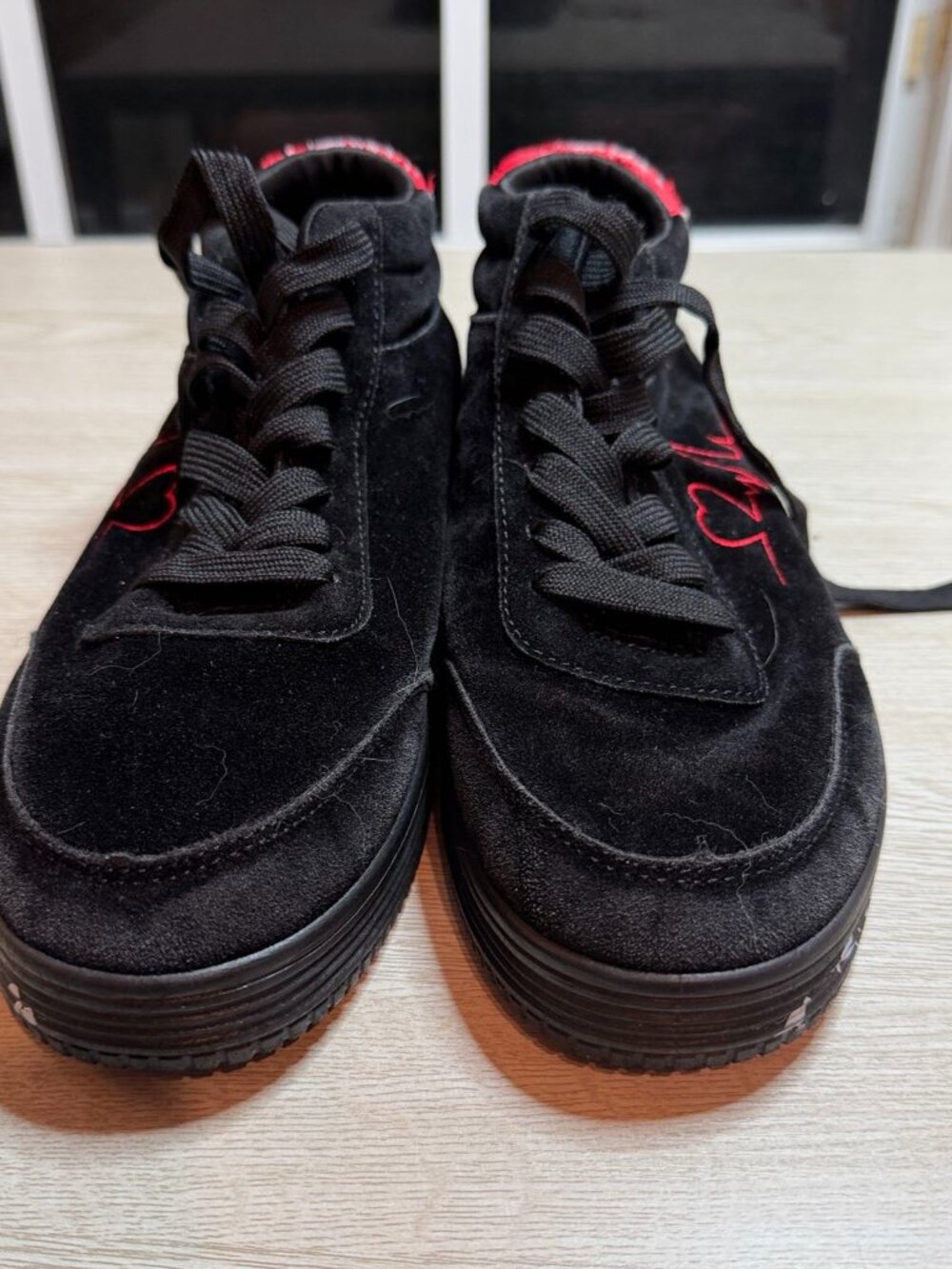 Black Red Men's Black Suede Sport Sneakers with Red Hearts